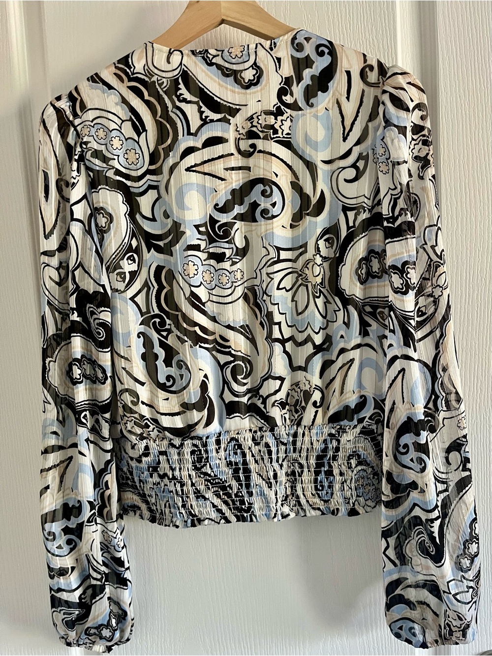 MELANIE LYNE  Sheer Paisley Smocked Blouse – Petite Small - Picture 11 of 13